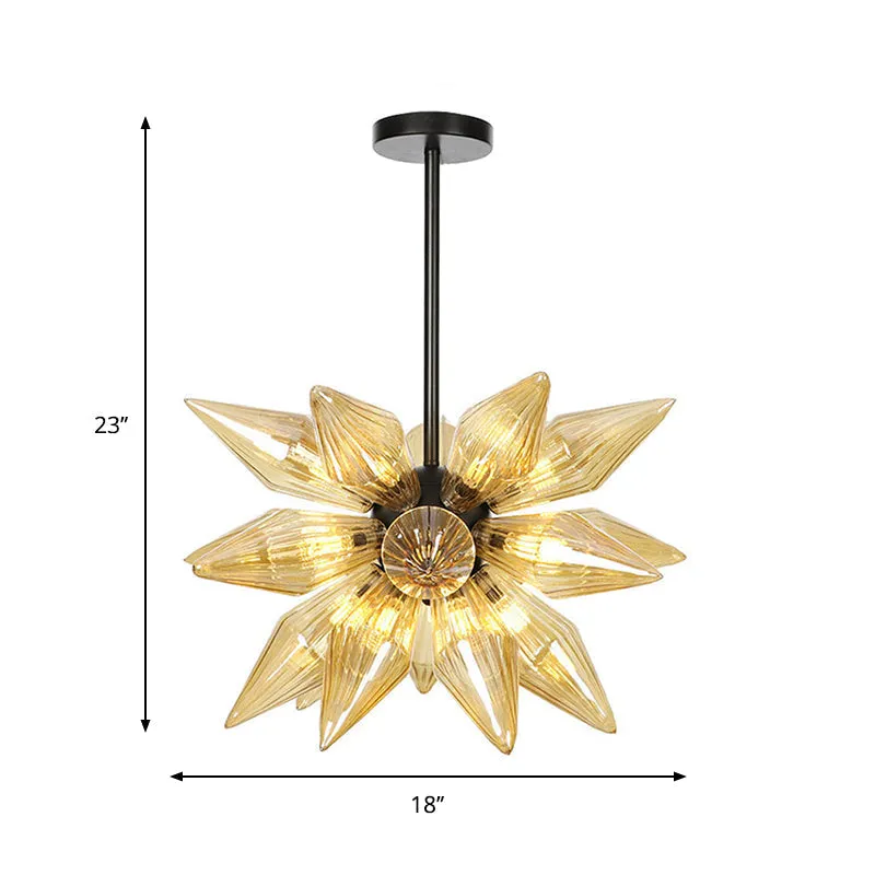 Industrial Pendant Chandelier with Amber/Clear Ribbed Glass and Starburst Design - 9/12/15 Heads for Bedroom