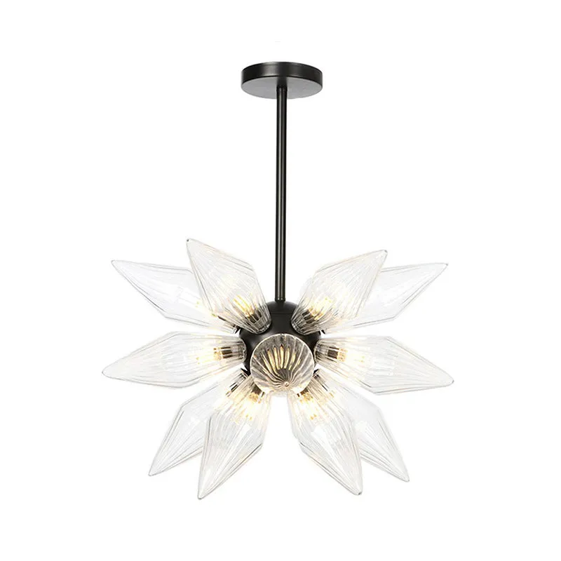 Industrial Pendant Chandelier with Amber/Clear Ribbed Glass and Starburst Design - 9/12/15 Heads for Bedroom