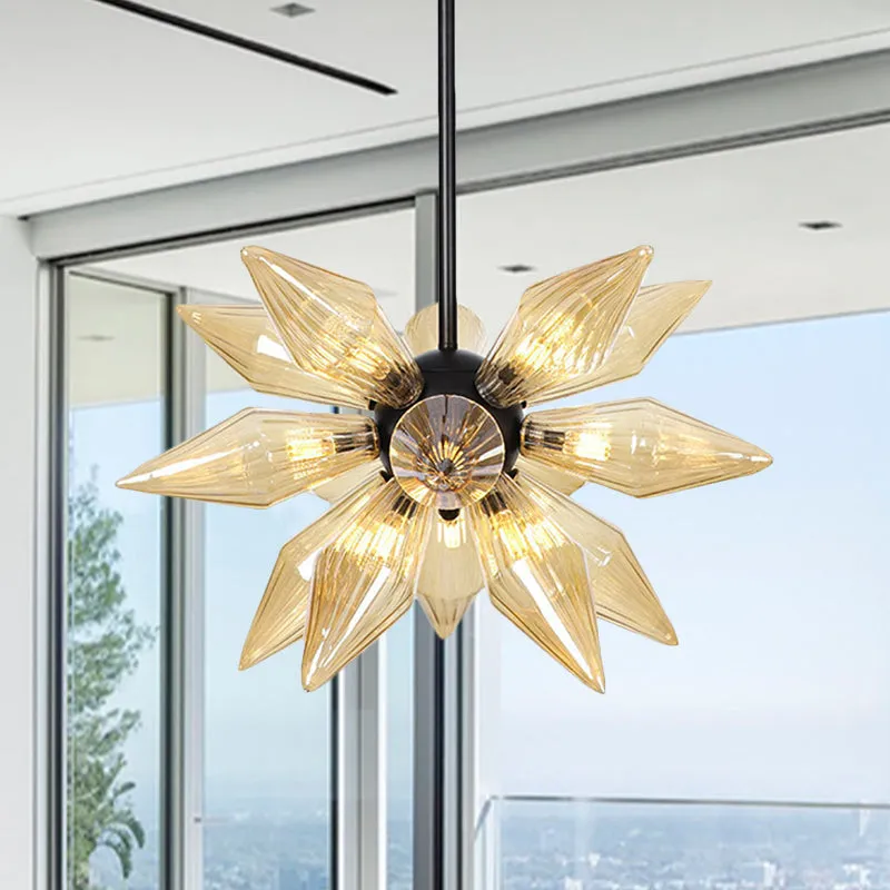 Industrial Pendant Chandelier with Amber/Clear Ribbed Glass and Starburst Design - 9/12/15 Heads for Bedroom