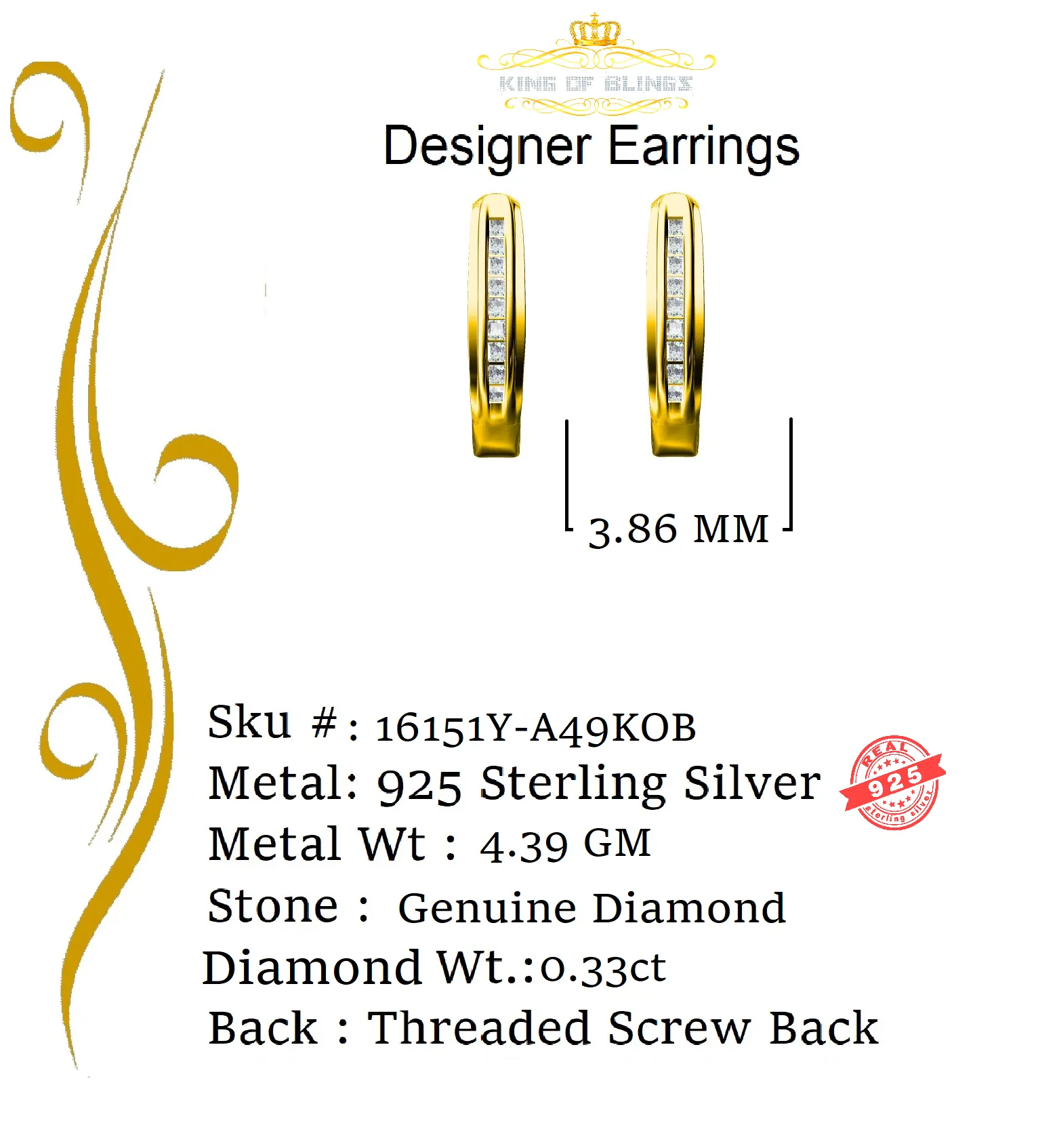 King of Blings-0.33ct Diamond 925 Sterling Silver Yellow Hoop Stud Earrings For Men's / Women's