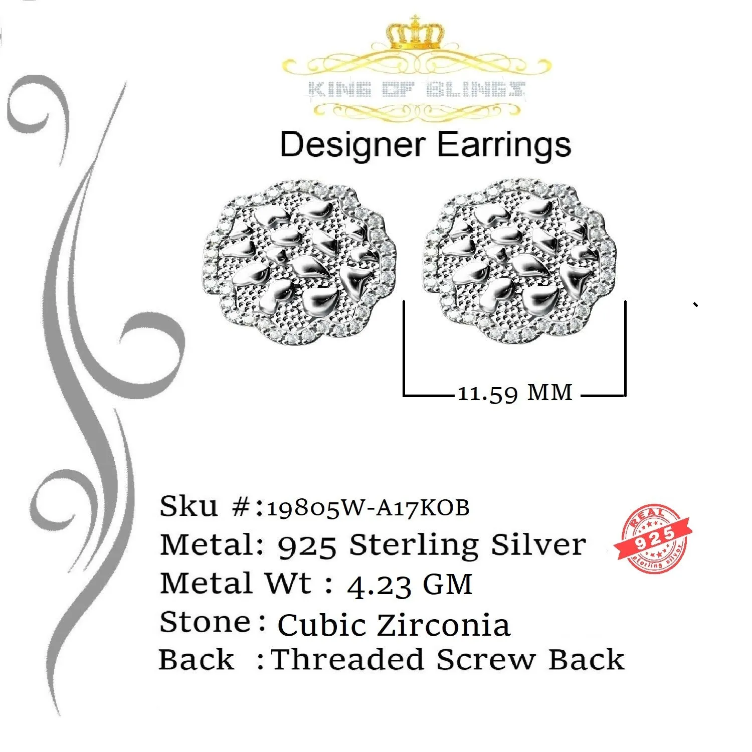 King of Blings- 925 White Silver Nuggtte's 1.38ct Cubic Zirconia Hip Hop Women's Flower Earrings