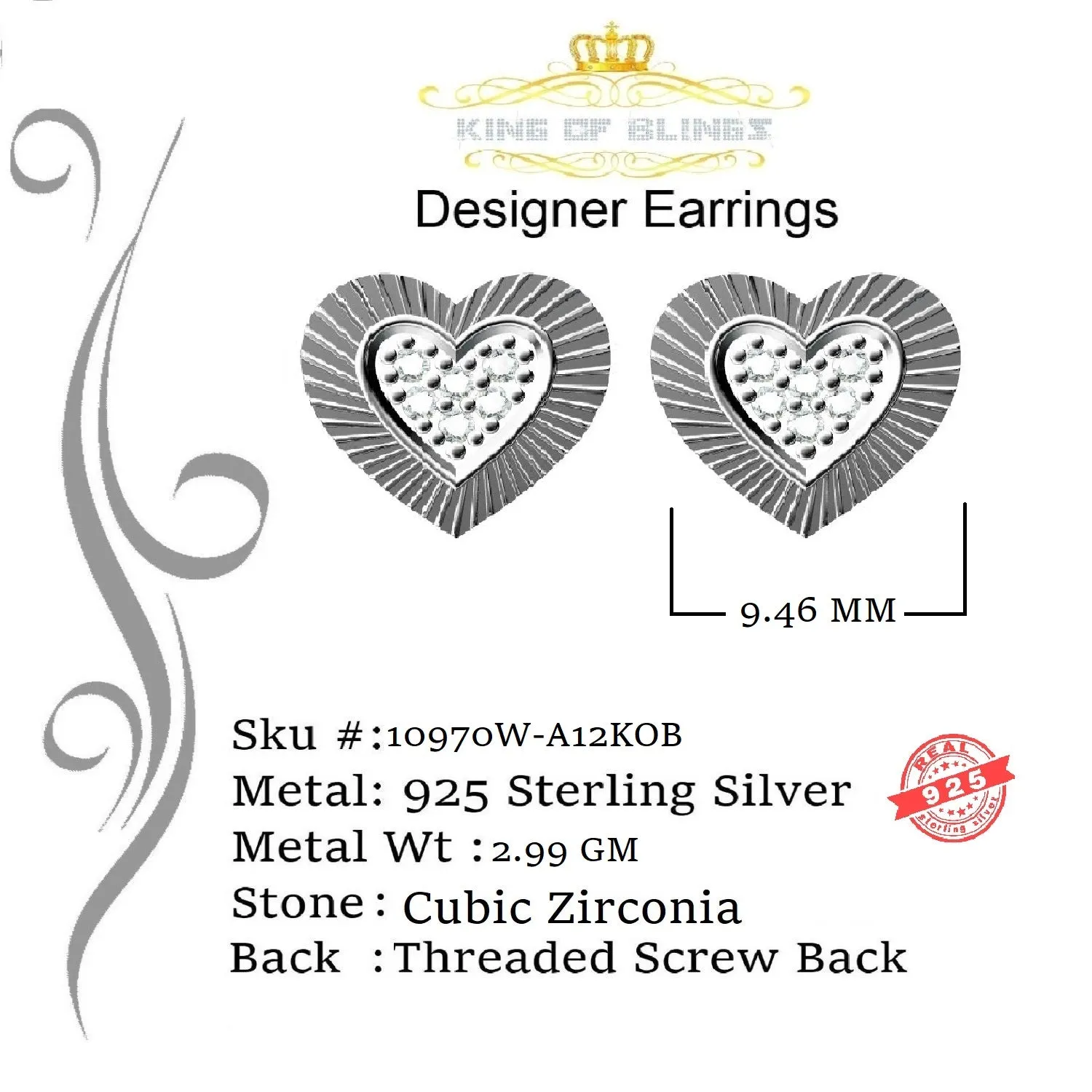 King of Blings- Aretes Para Hombre 925 White Silver 0.24ct Cubic Zirconia Heart Women's Earrings