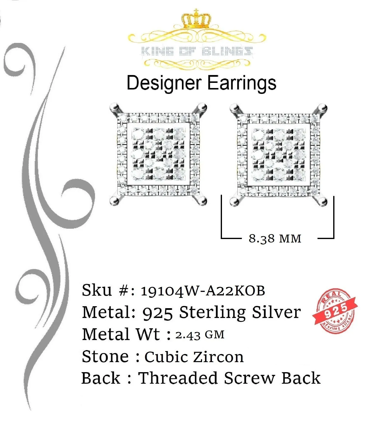 King of Blings- Aretes Para Hombre 925 White Silver 0.96ct Cubic Zirconia Square Women Earring