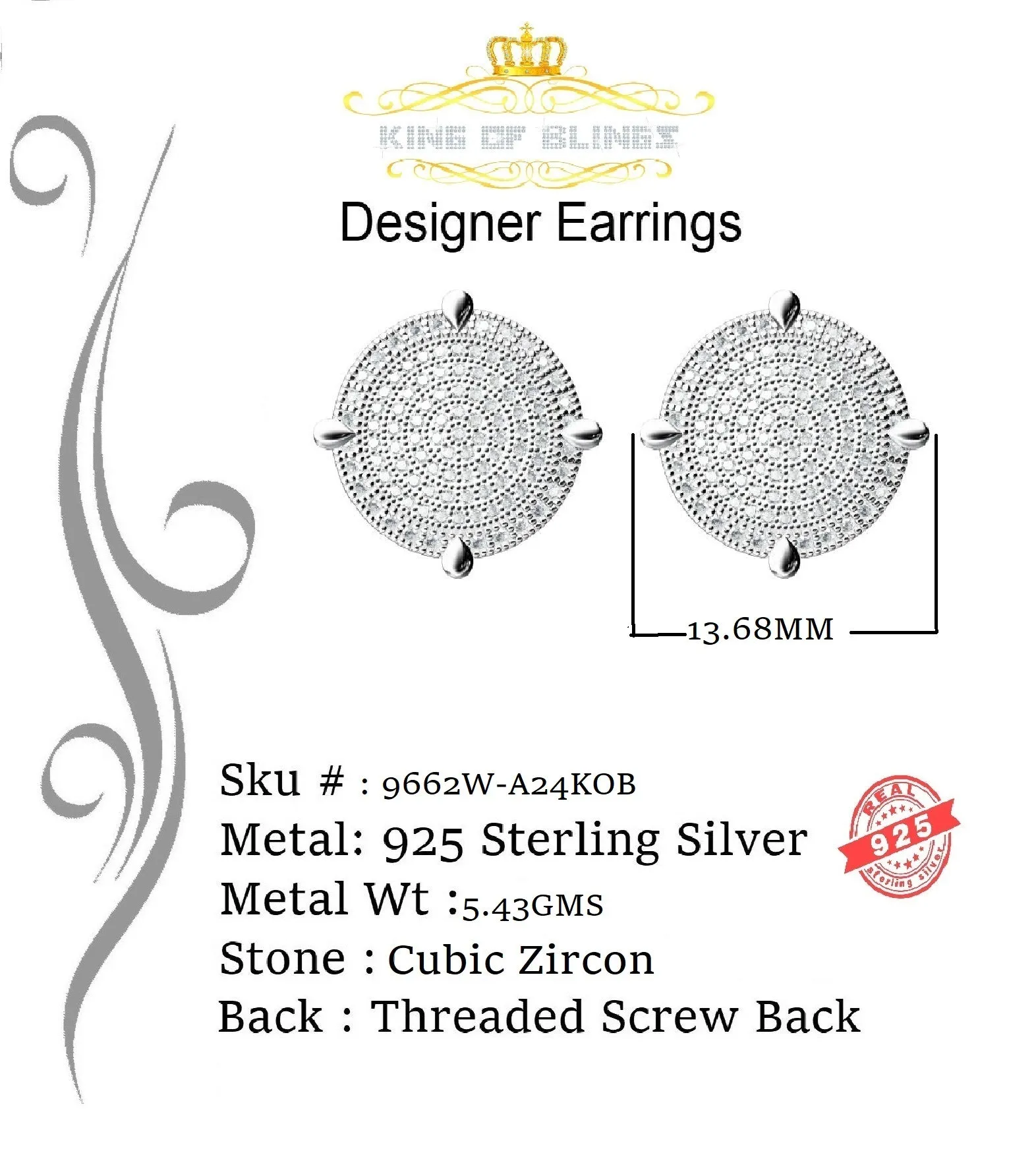 King of Blings- Aretes Para Hombre 925 White Silver1.18ct Cubic Zirconia Round Women's Earrings