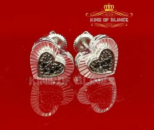 King of Blings- Aretes Para Hombre Heart 925 White Silver 0.12ct Black Diamond Ladies Earrings