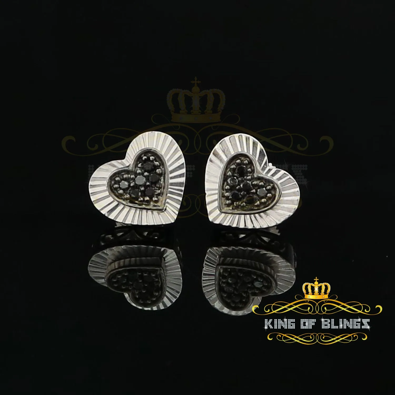 King of Blings- Aretes Para Hombre Heart 925 White Silver 0.12ct Black Diamond Ladies Earrings