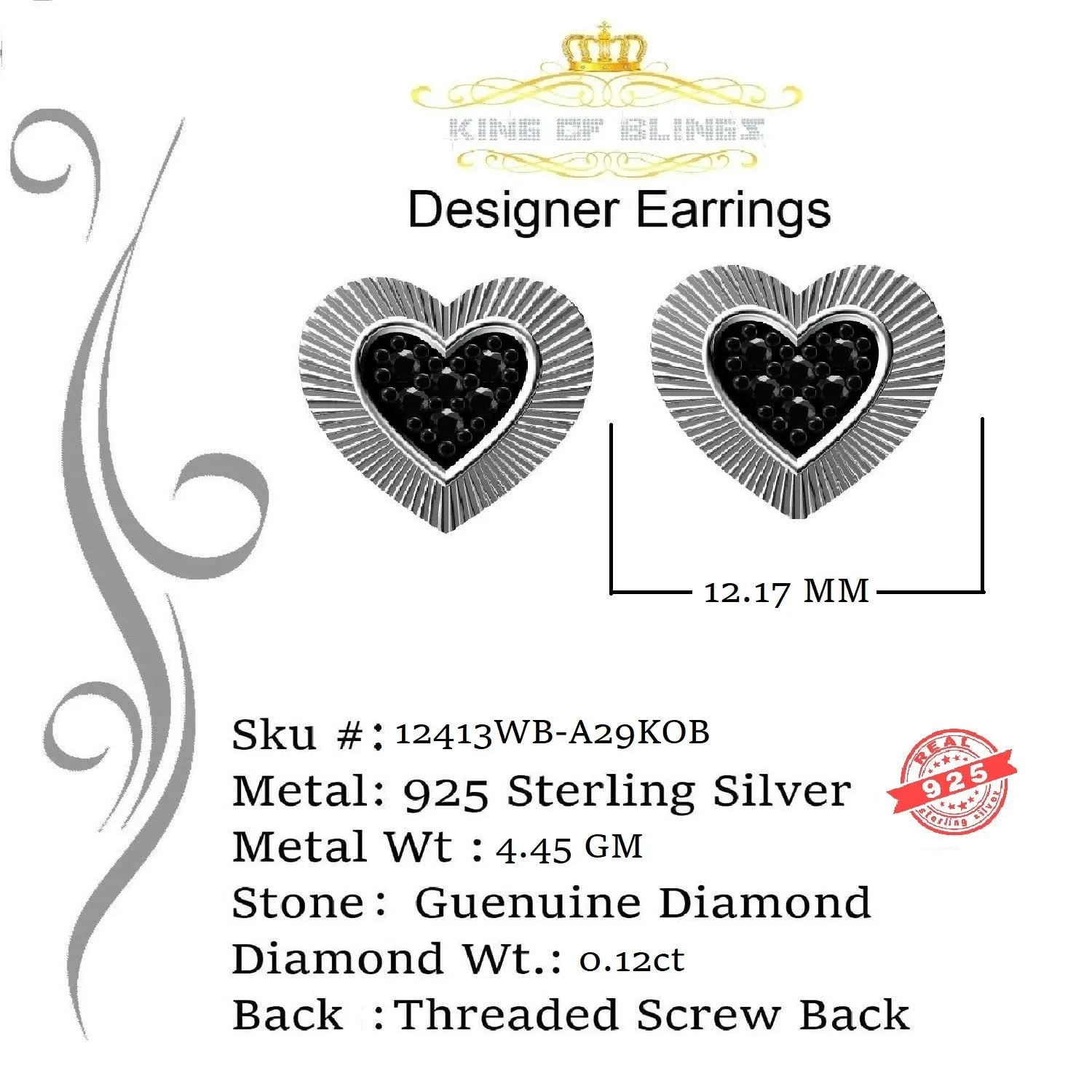 King of Blings- Aretes Para Hombre Heart 925 White Silver 0.12ct Black Diamond Ladies Earrings