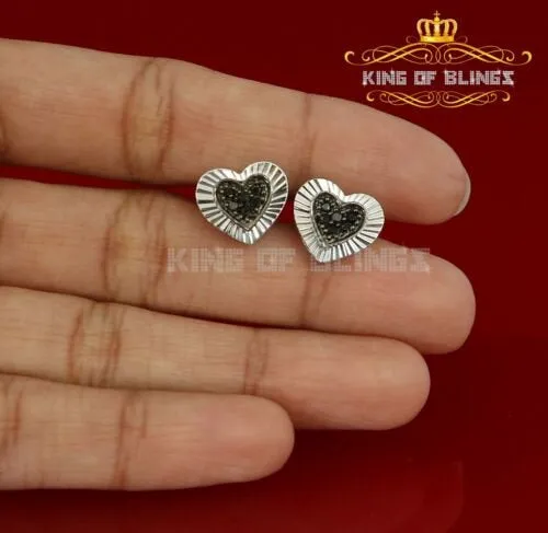 King of Blings- Aretes Para Hombre Heart 925 White Silver 0.12ct Black Diamond Ladies Earrings