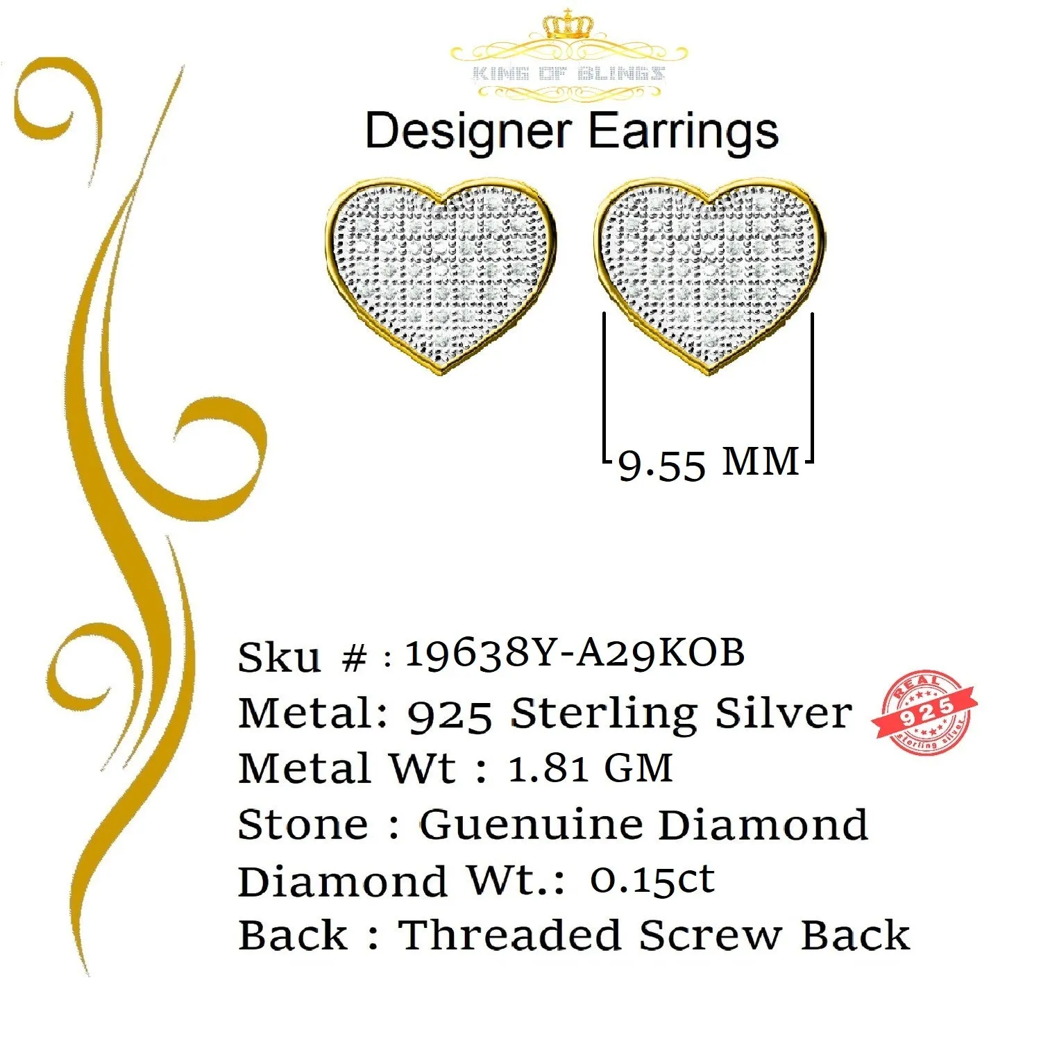 King of Blings-Aretes Para Hombre Heart 925 Yellow Silver 0.15ct Diamond Women's /Men's Earring