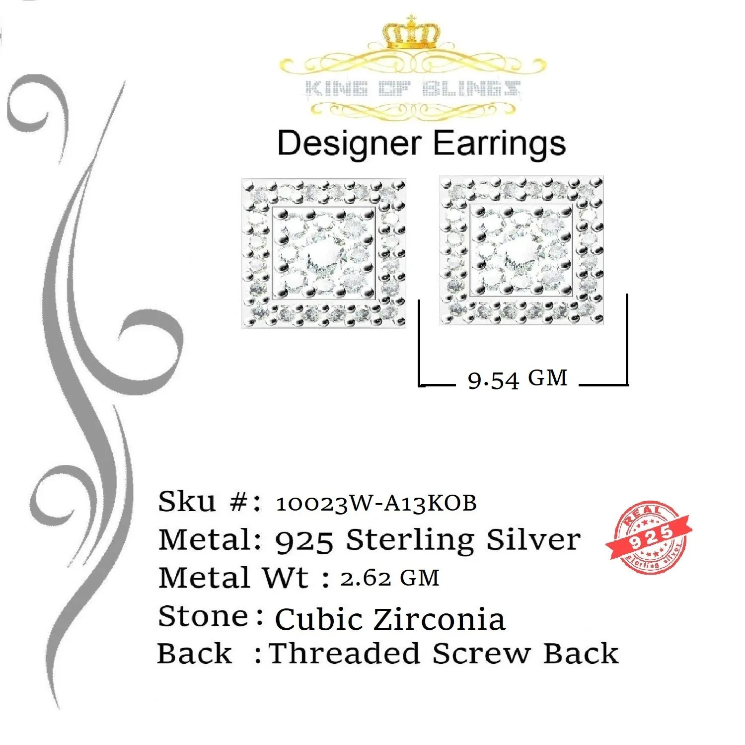 King of Blings- Hip Hop 925 White Silver 1.04ct Cubic Zirconia Women's & Men's Square Earrings