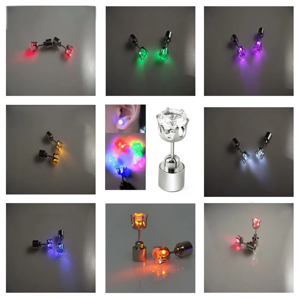 Light Up LED earrings Studs Flashing Blinking Stainless Steel Earrings Studs Dance Party Accessories unisex for Men Women 1 Pair