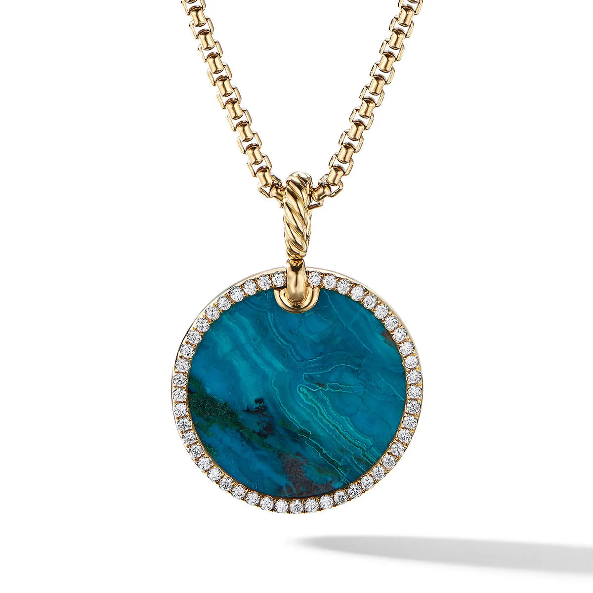 Limited DY Elements Disc Pendant in 18K Yellow Gold with Chrysocolla and Pave Diamonds