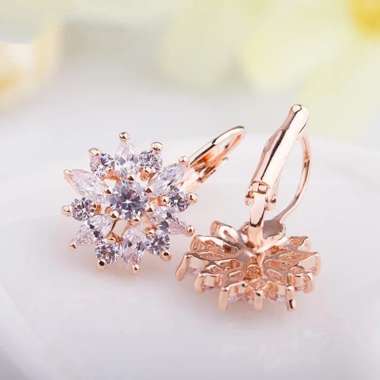 Luxury Champagne Gold Flower Stud Earrings with Zircon Stone Women Birthday Gift