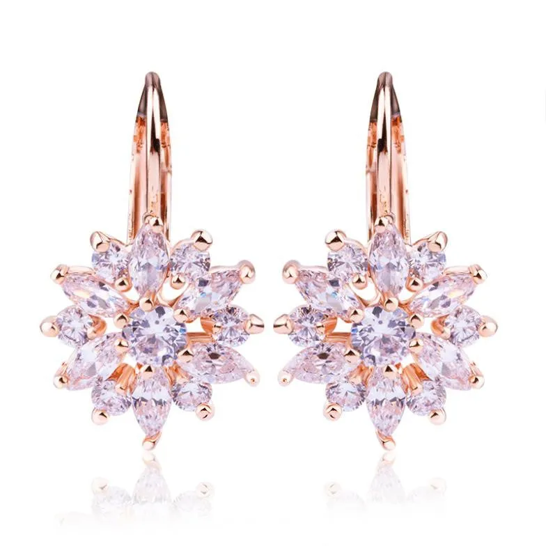 Luxury Champagne Gold Flower Stud Earrings with Zircon Stone Women Birthday Gift