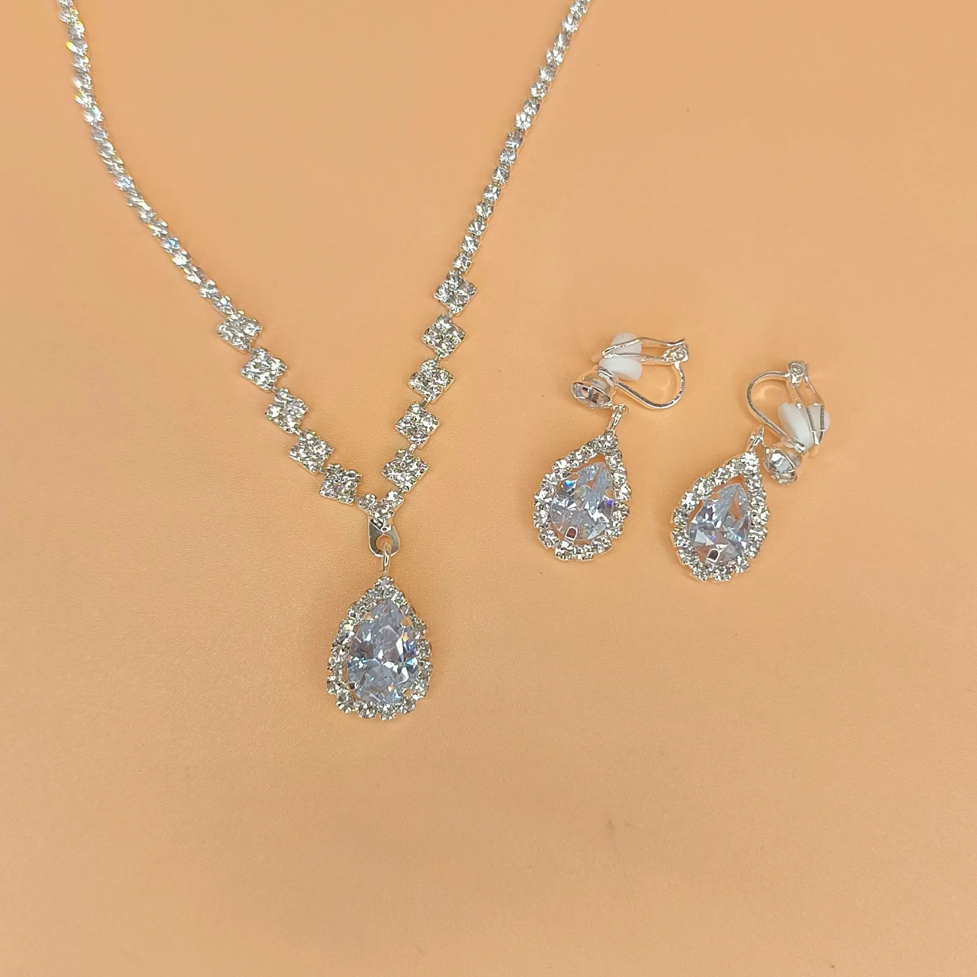 MAC181 Brilliant Full Diamond Zircon Drop Necklace And Earrings