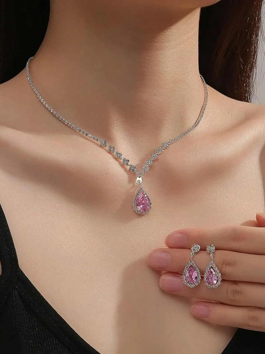 MAC181 Brilliant Full Diamond Zircon Drop Necklace And Earrings