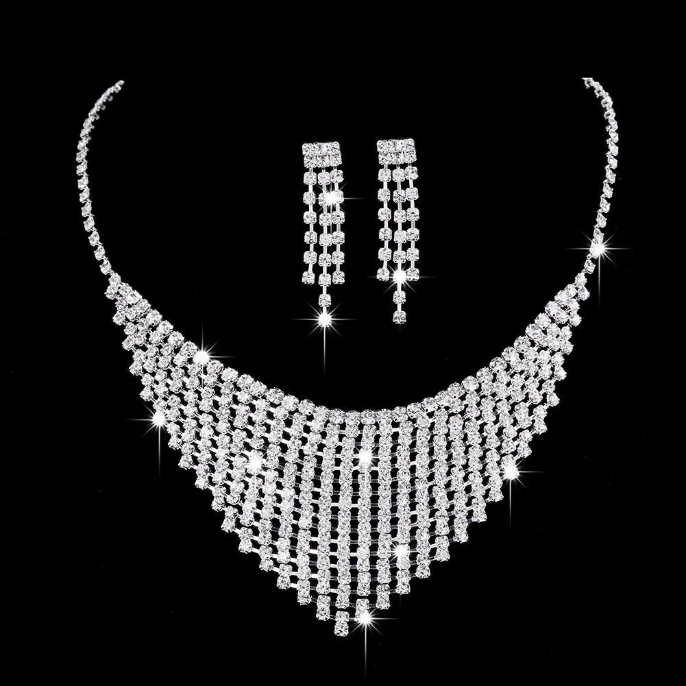 MAC181 Brilliant Full Diamond Zircon Drop Necklace And Earrings