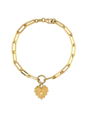 Mini Heart Medallion with Diamond Center on Clip Chain Yellow Gold Bracelet