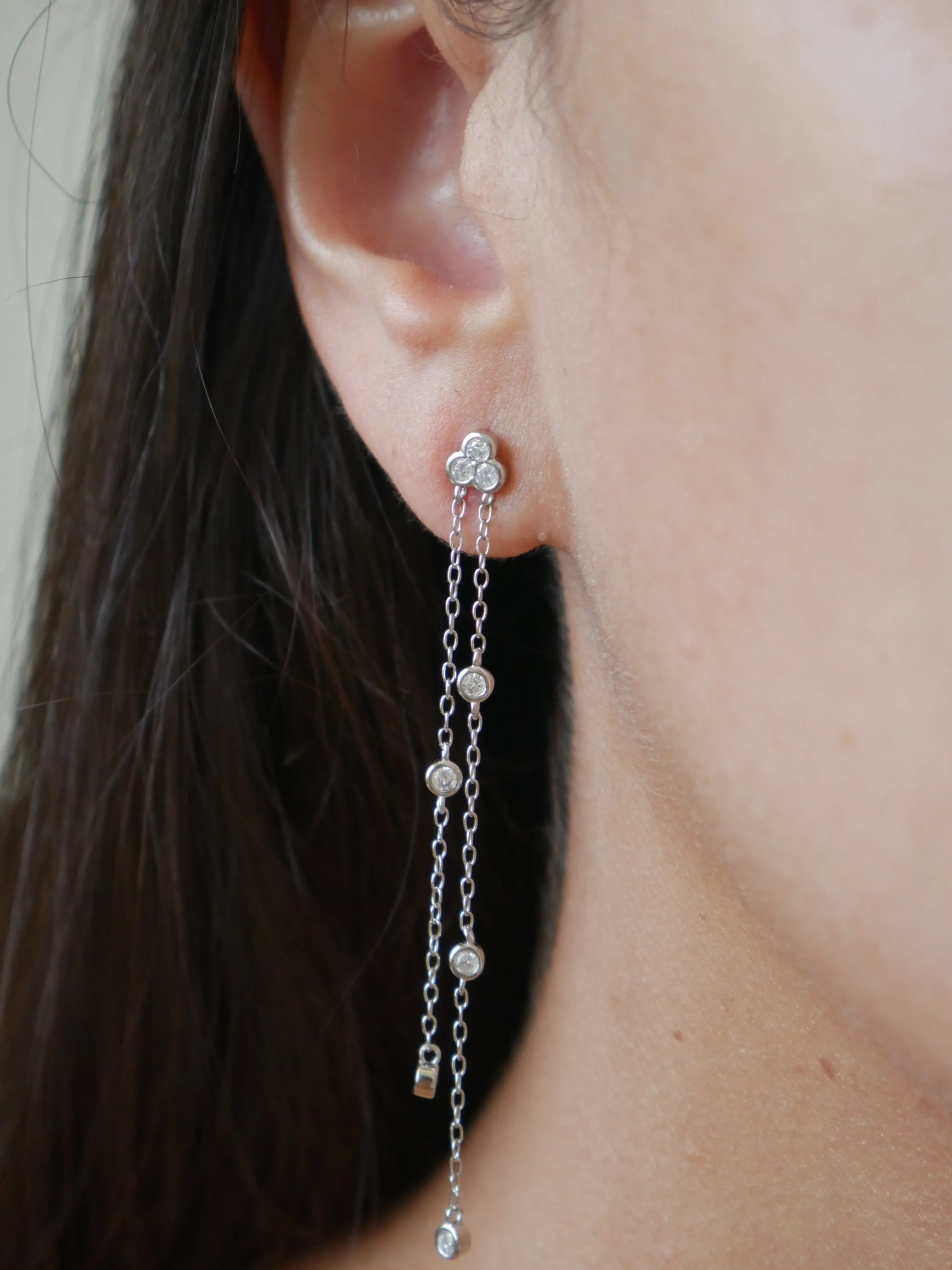 Minimalist Dainty Long Earrings, .925 Sterling Silver Bezel Diamond CZ .925 Sterling Silver Double Tassel Dainty Earrings