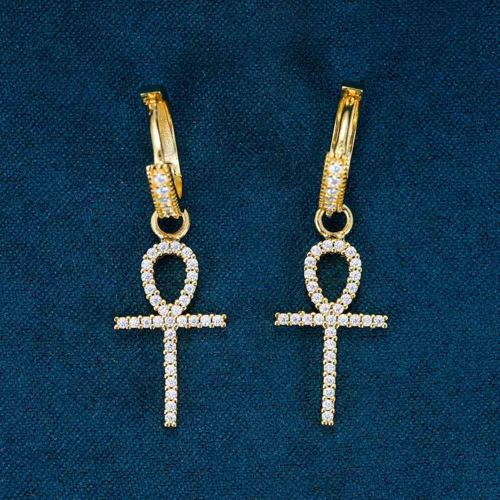 Moissanite Ankh Hoop Earrings 14K Gold