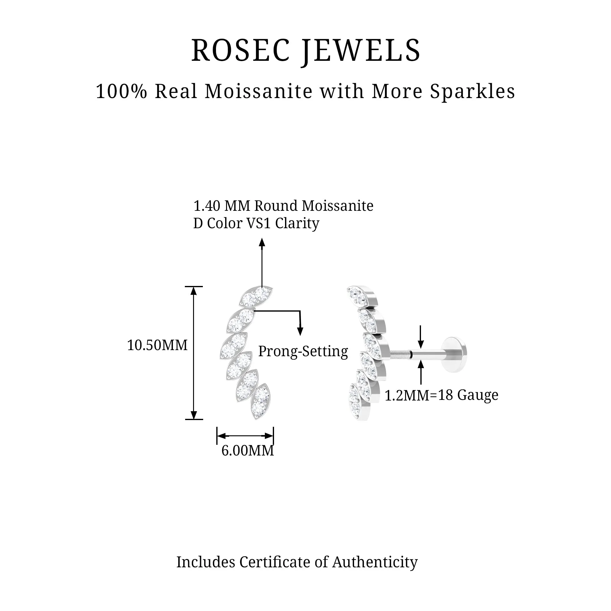 Moissanite Curved Crawler Earring for Helix Piercing