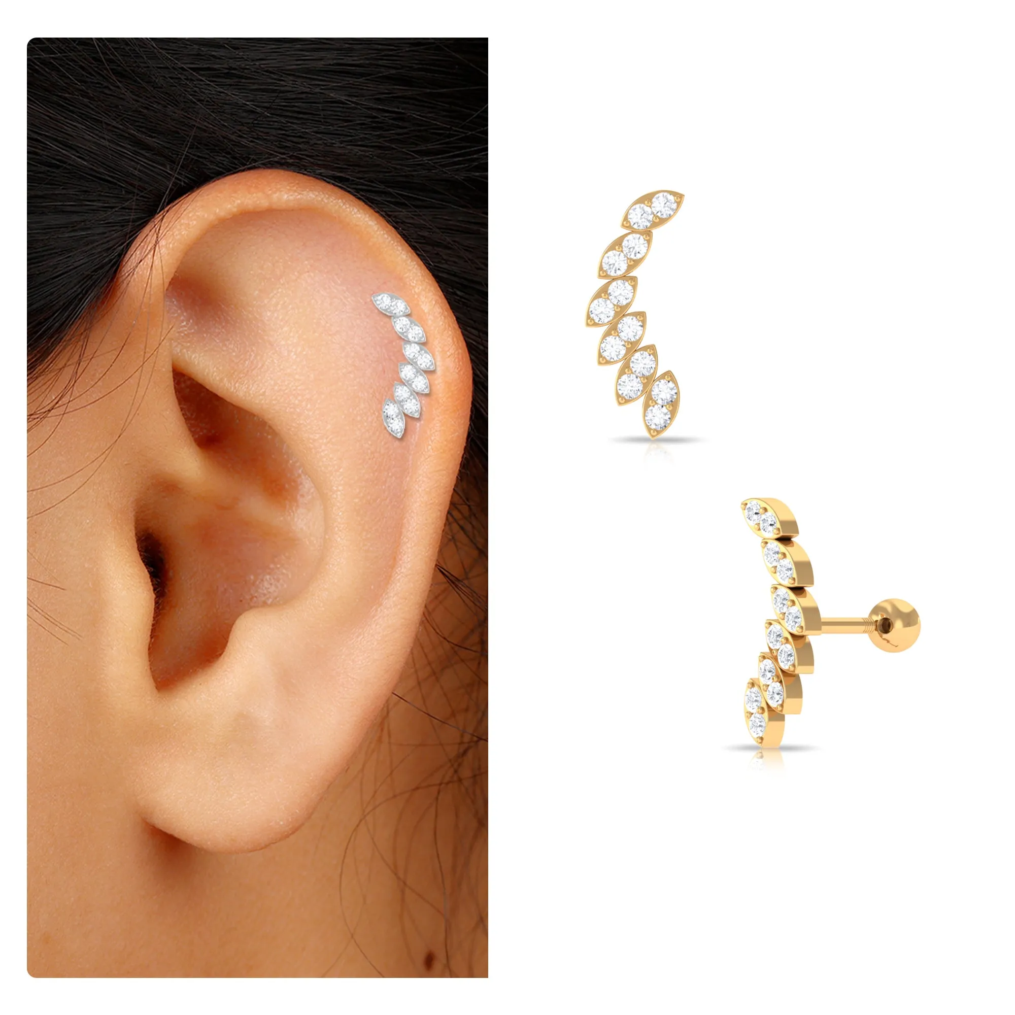 Moissanite Curved Crawler Earring for Helix Piercing