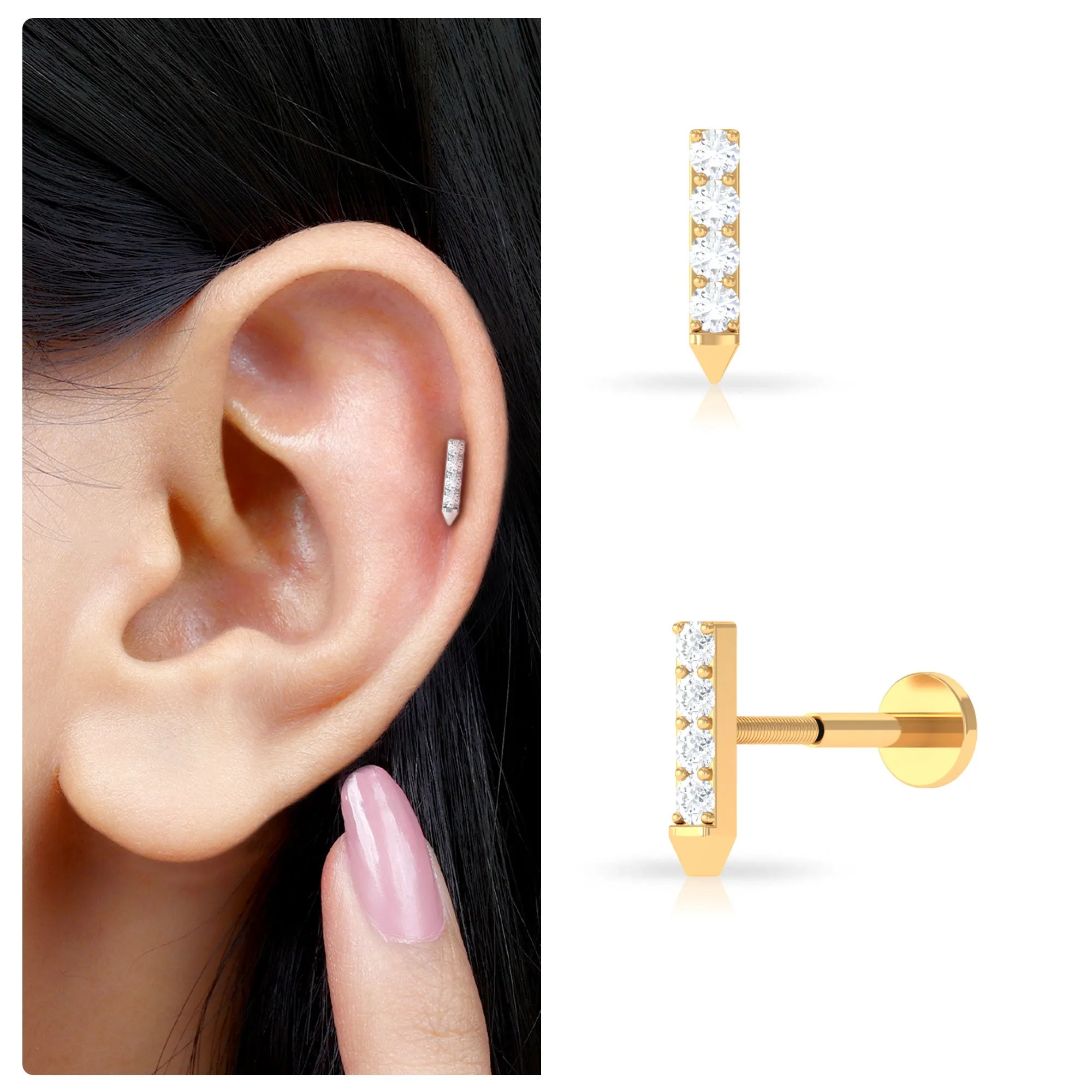 Natural Diamond Tiny Gold Bar Tragus Earring