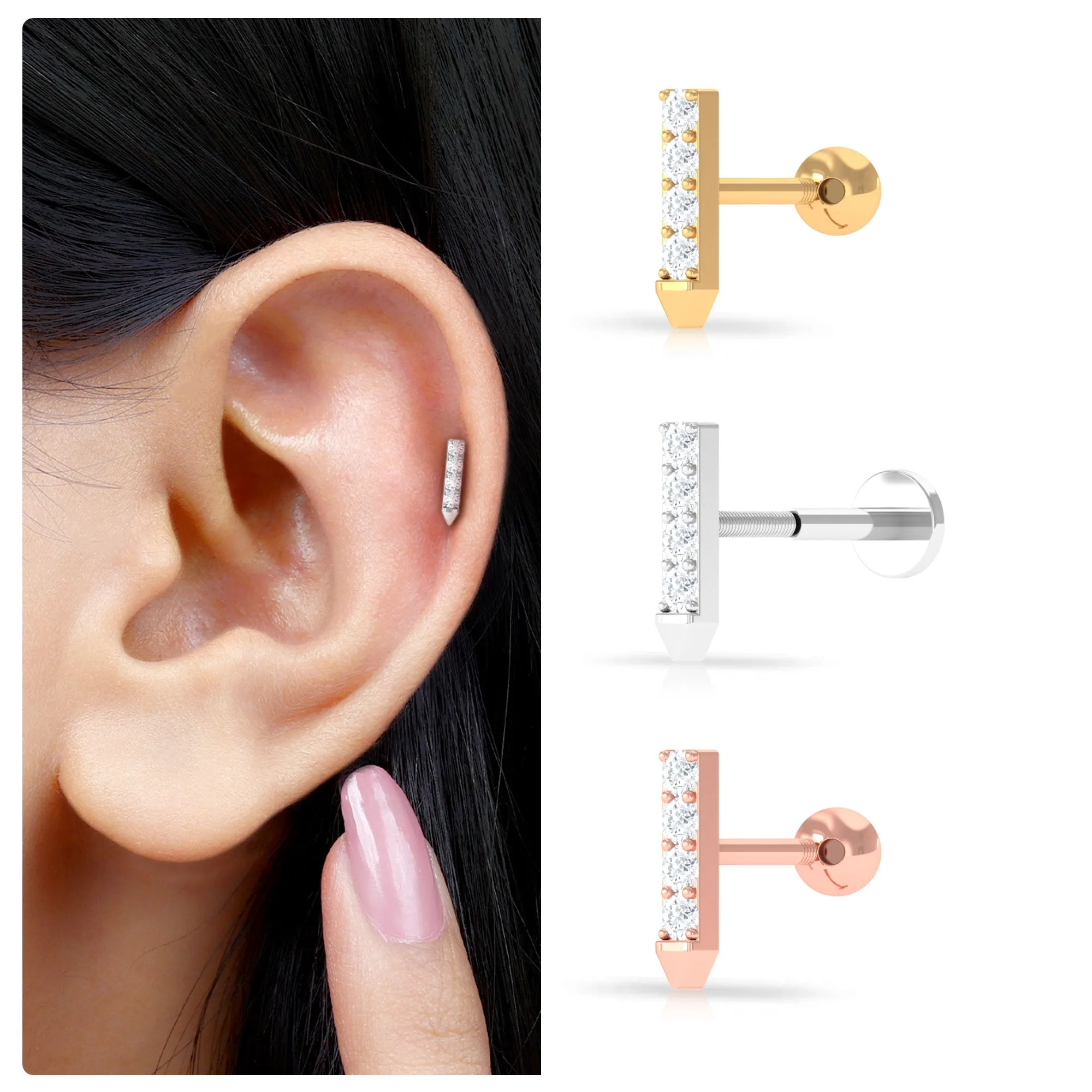 Natural Diamond Tiny Gold Bar Tragus Earring