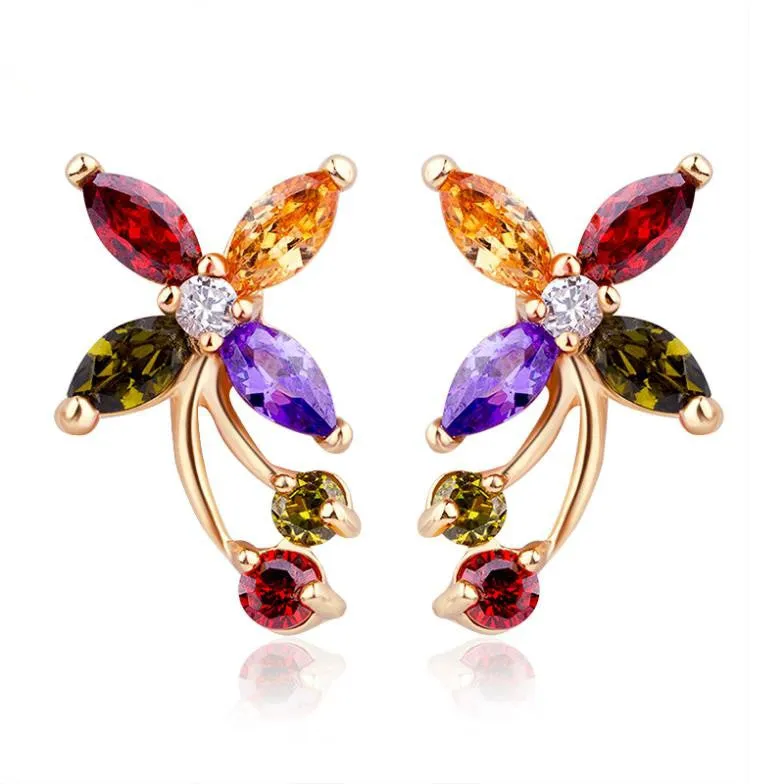 New Arrival 18k Gold Flower Stud Earrings with Colorful Zircon Crystal Women Wedding Jewelry