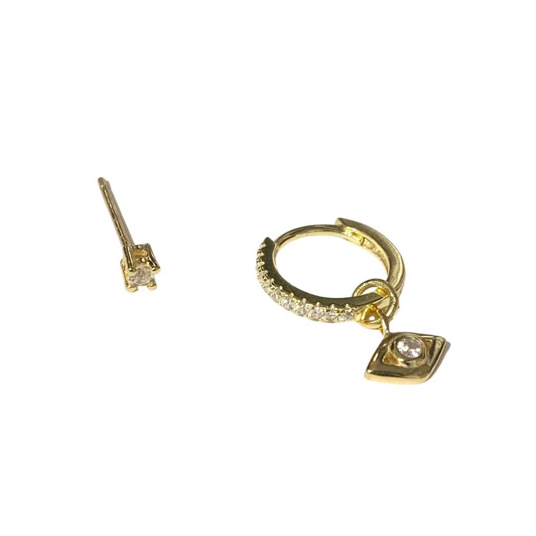 Noellery Gold Evil Eye Huggie Clear Stud Set