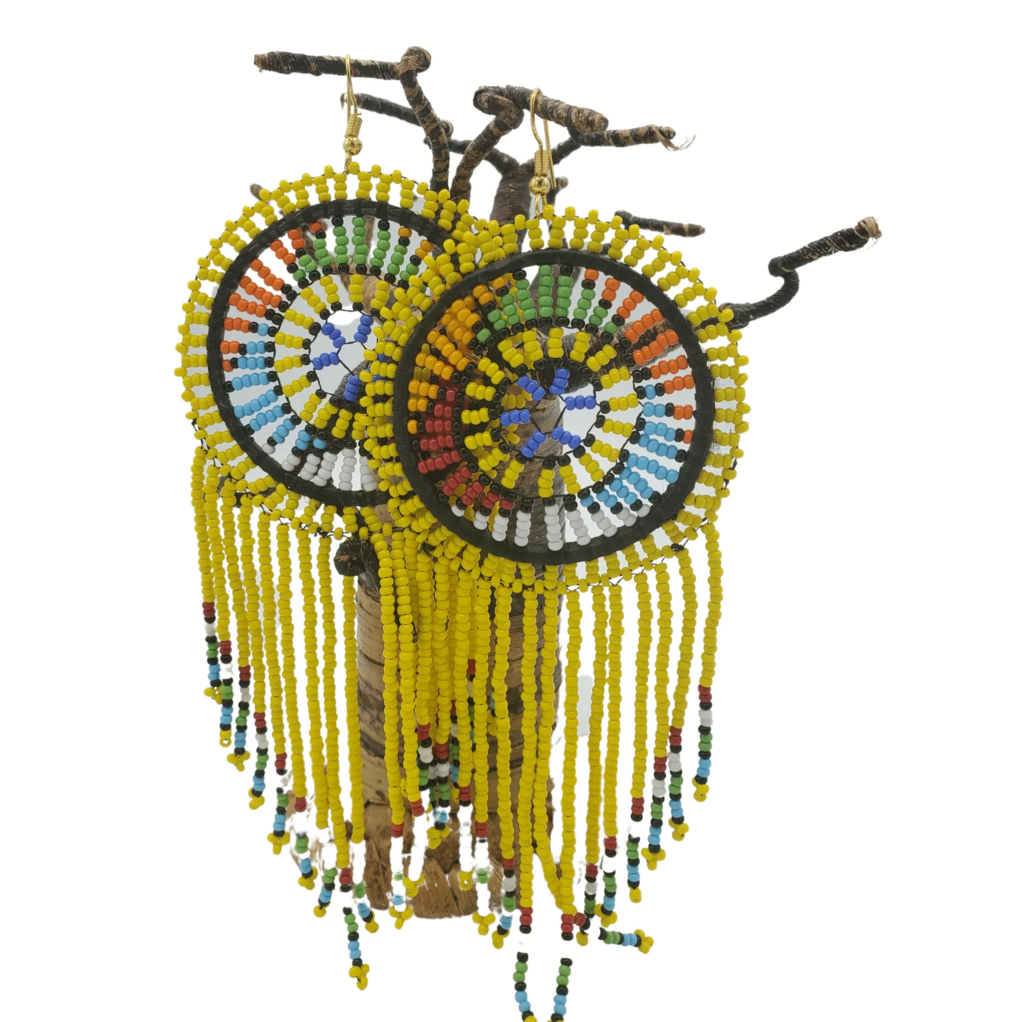 Oversized Dream Catcher Beaded Earrings, Yellow