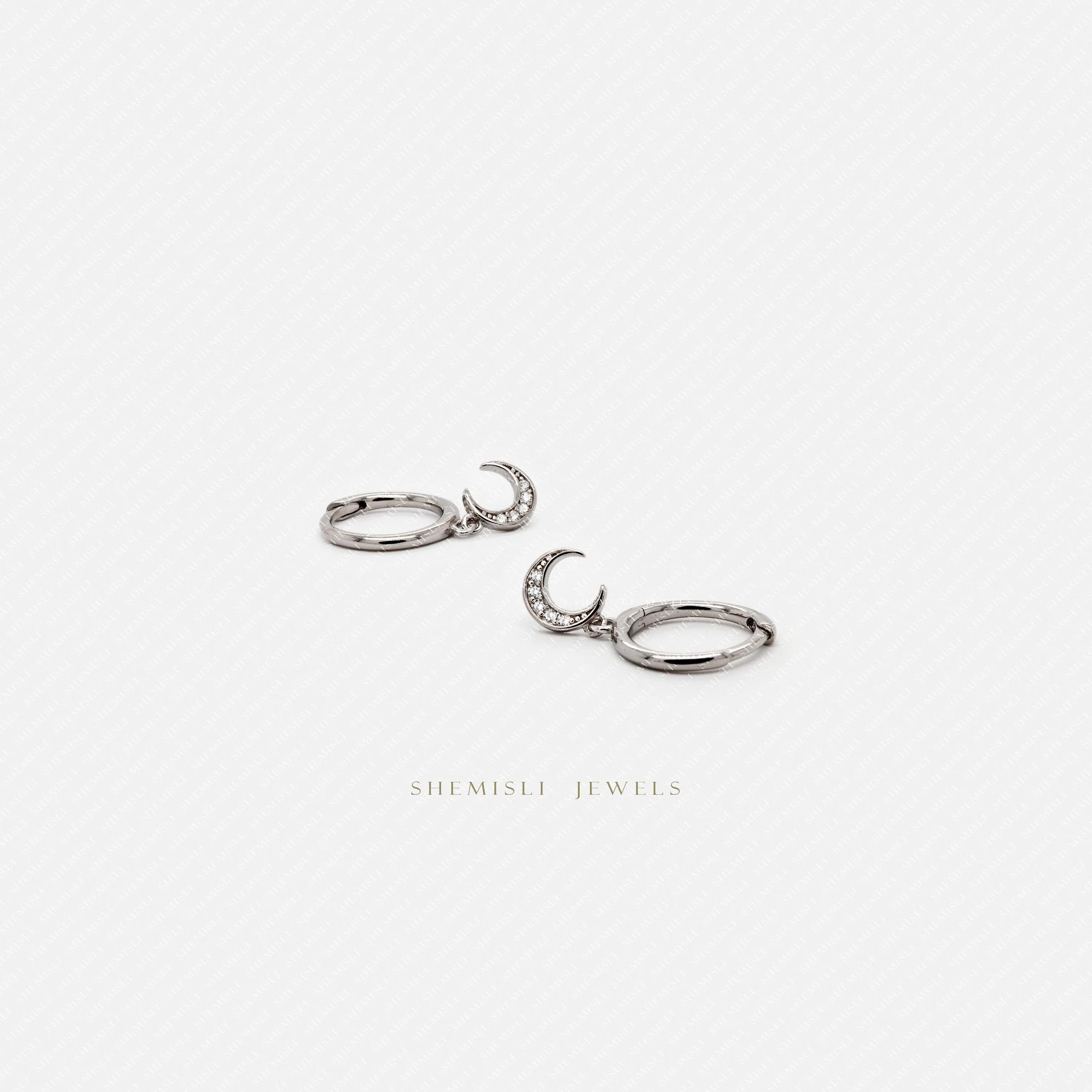 Paved Moon Drop Hoop Earrings, Huggies, Gold, Silver SHEMISLI SH425 LR