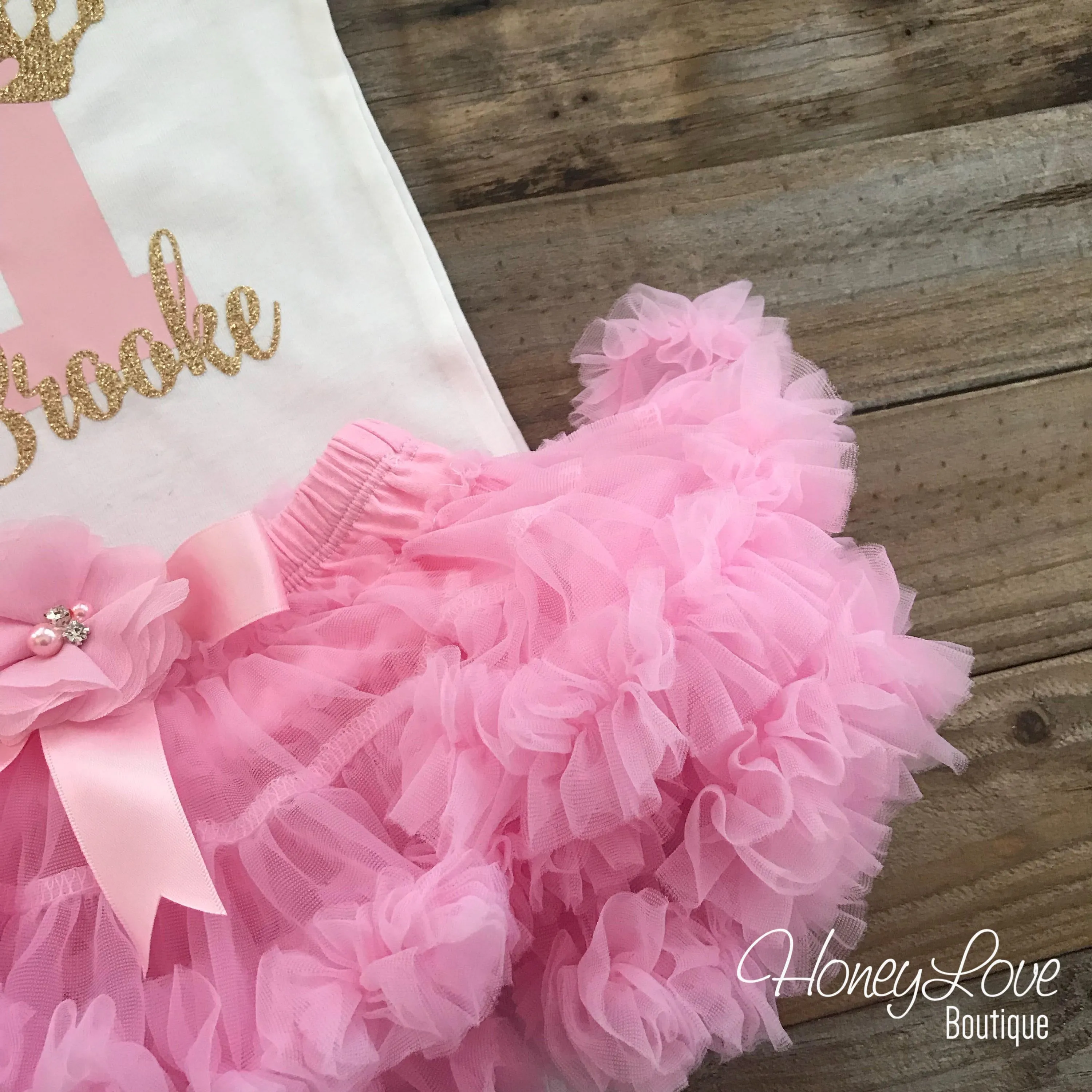 Personalized 1st Birthday Princess outfit - Light Pink and Gold Glitter - embellished pettiskirt