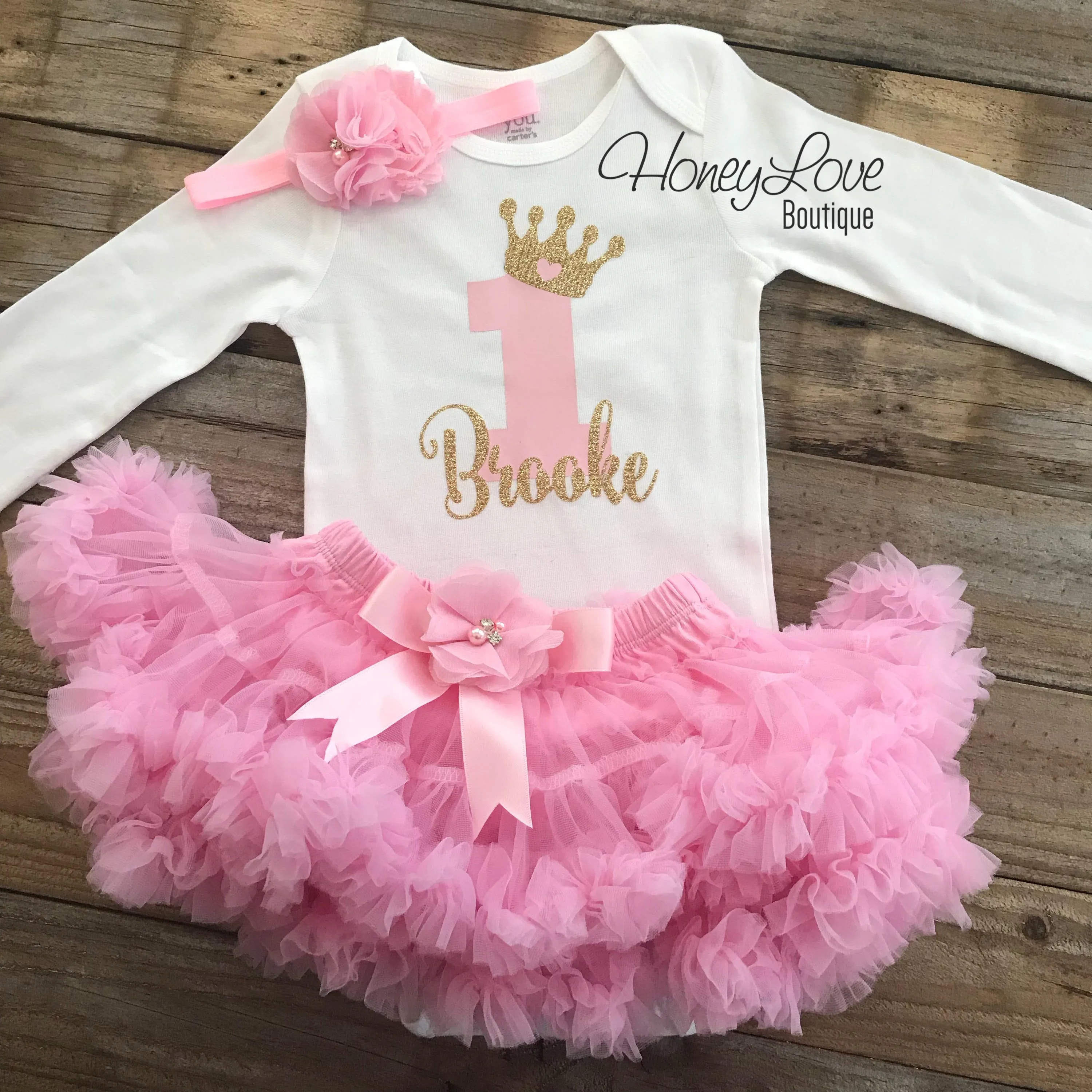 Personalized 1st Birthday Princess outfit - Light Pink and Gold Glitter - embellished pettiskirt