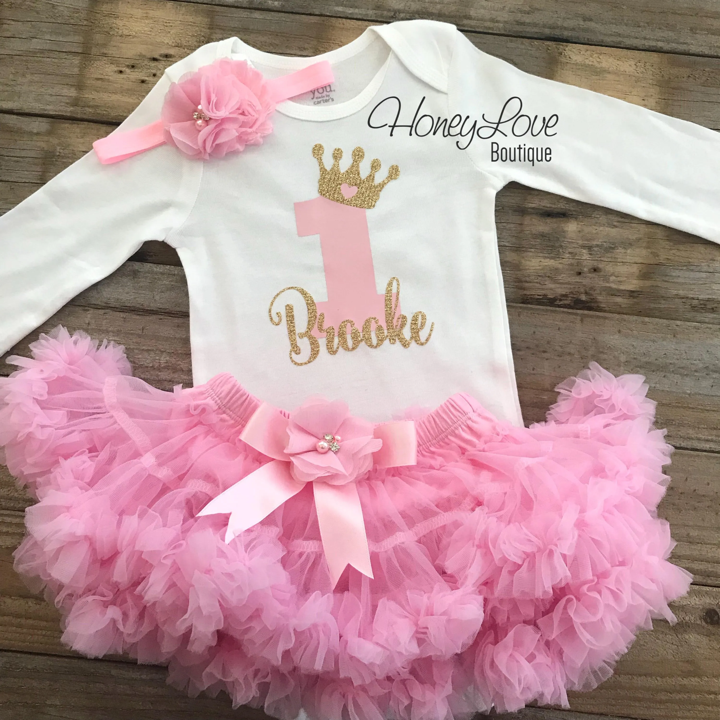 Personalized 1st Birthday Princess outfit - Light Pink and Gold Glitter - embellished pettiskirt