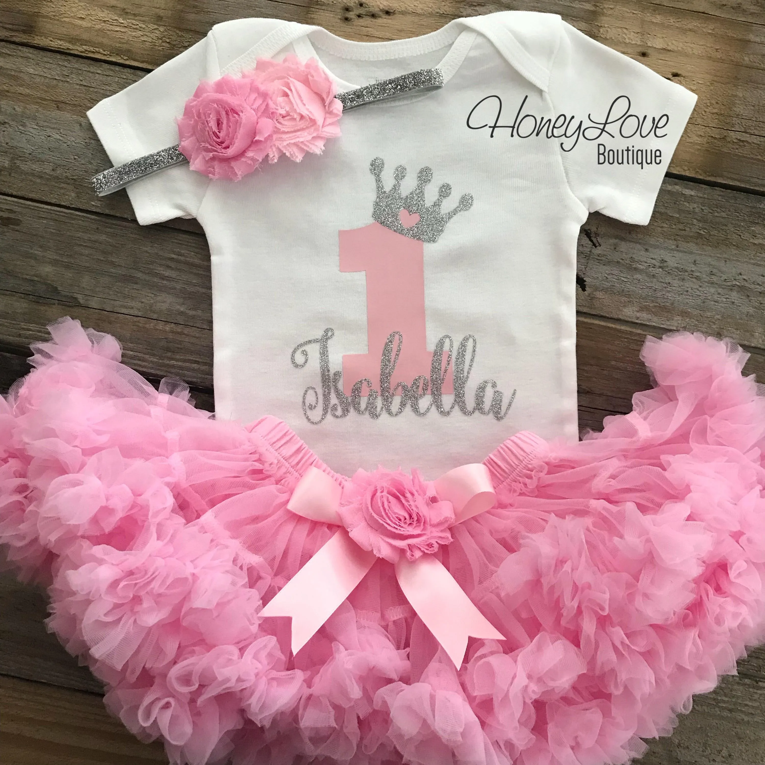 Personalized 1st Birthday Princess outfit - Silver Glitter and Light Pink - embellished pettiskirt