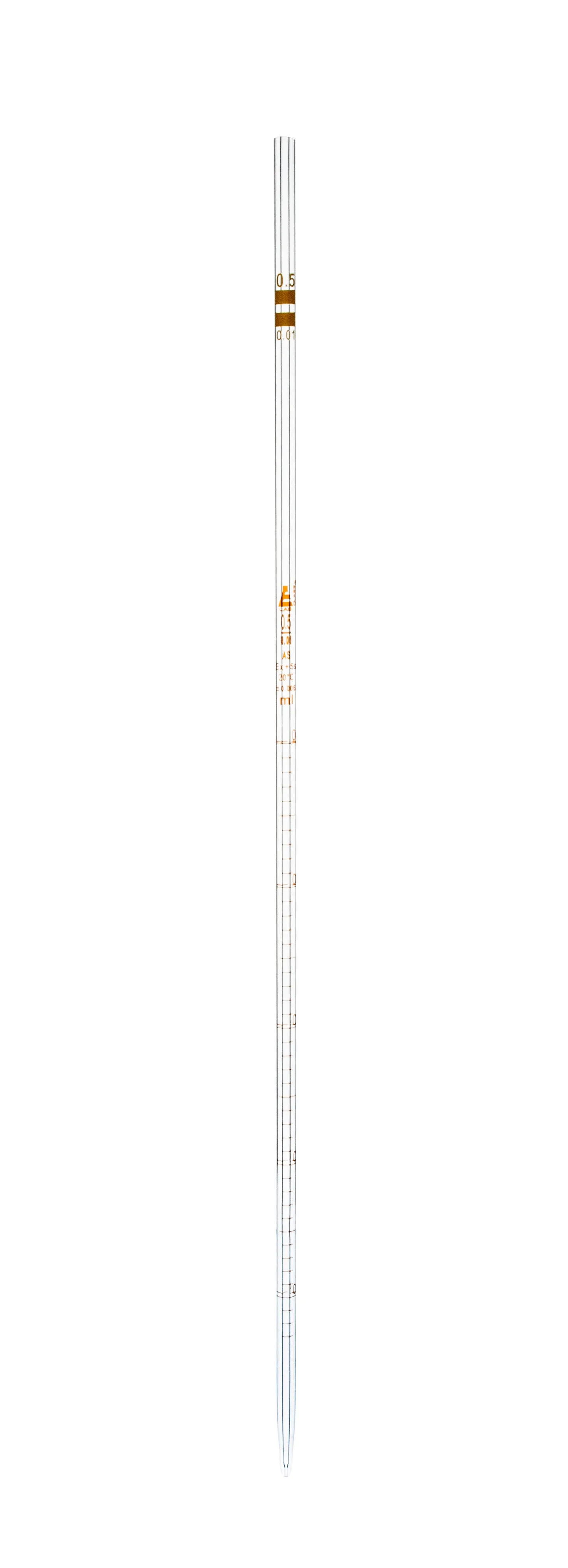 Pipette, 0.5ml - Class AS, Tolerance ±0.006 - Amber Graduation - Color Code, Yellow - Soda Glass - Eisco Labs