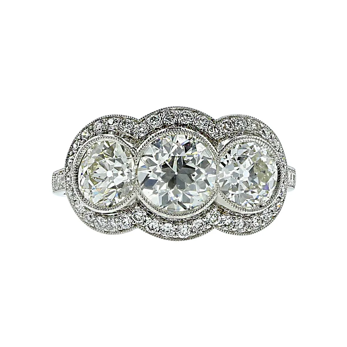 Platinum European-Cut Diamond Three-Stone Ring