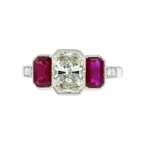 Platinum Radiant Diamond and Ruby 3-Stone Ring