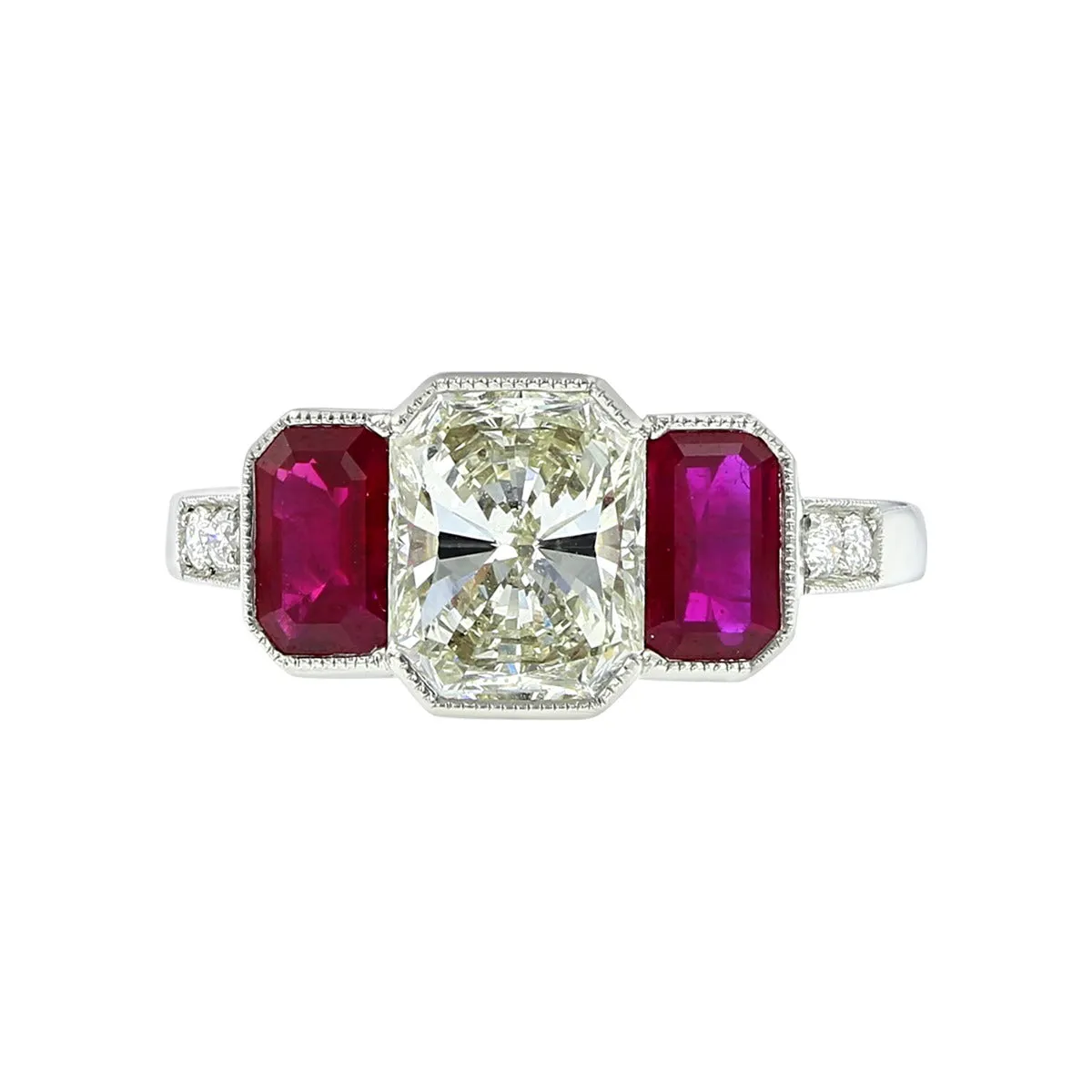 Platinum Radiant Diamond and Ruby 3-Stone Ring