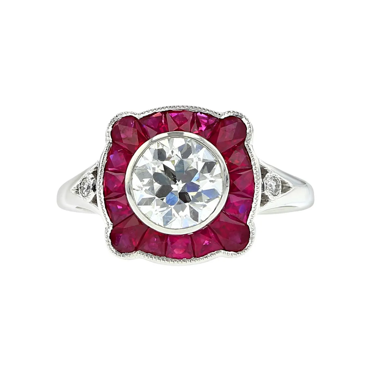 Platinum Round Diamond and Ruby Halo Ring