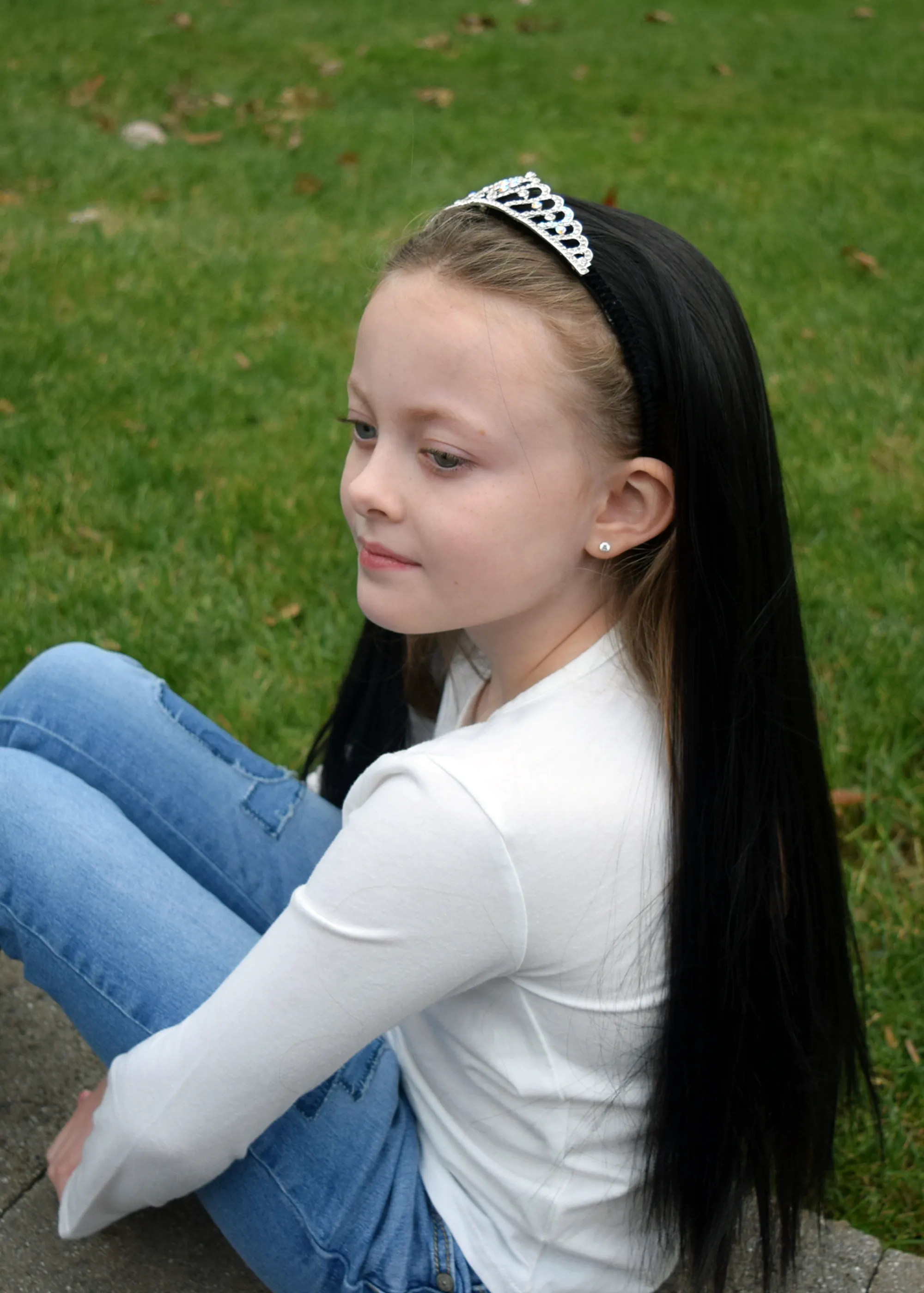 Princess Black Hair Wigs with Rhinestone Tiara Headband