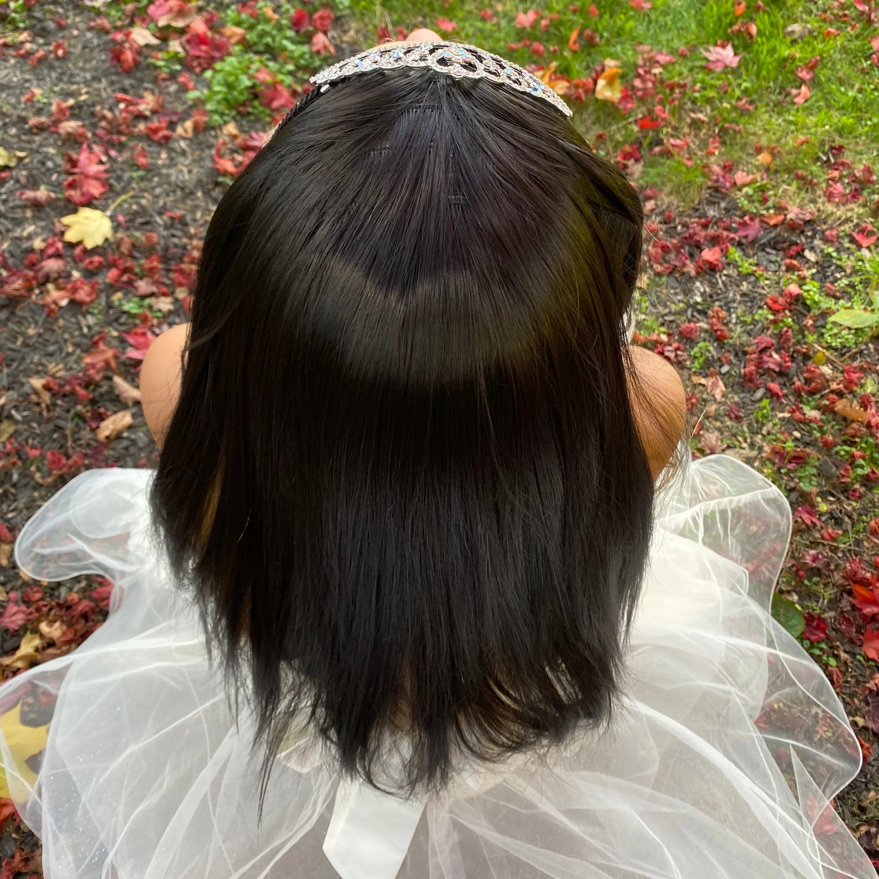 Princess Black Hair Wigs with Rhinestone Tiara Headband