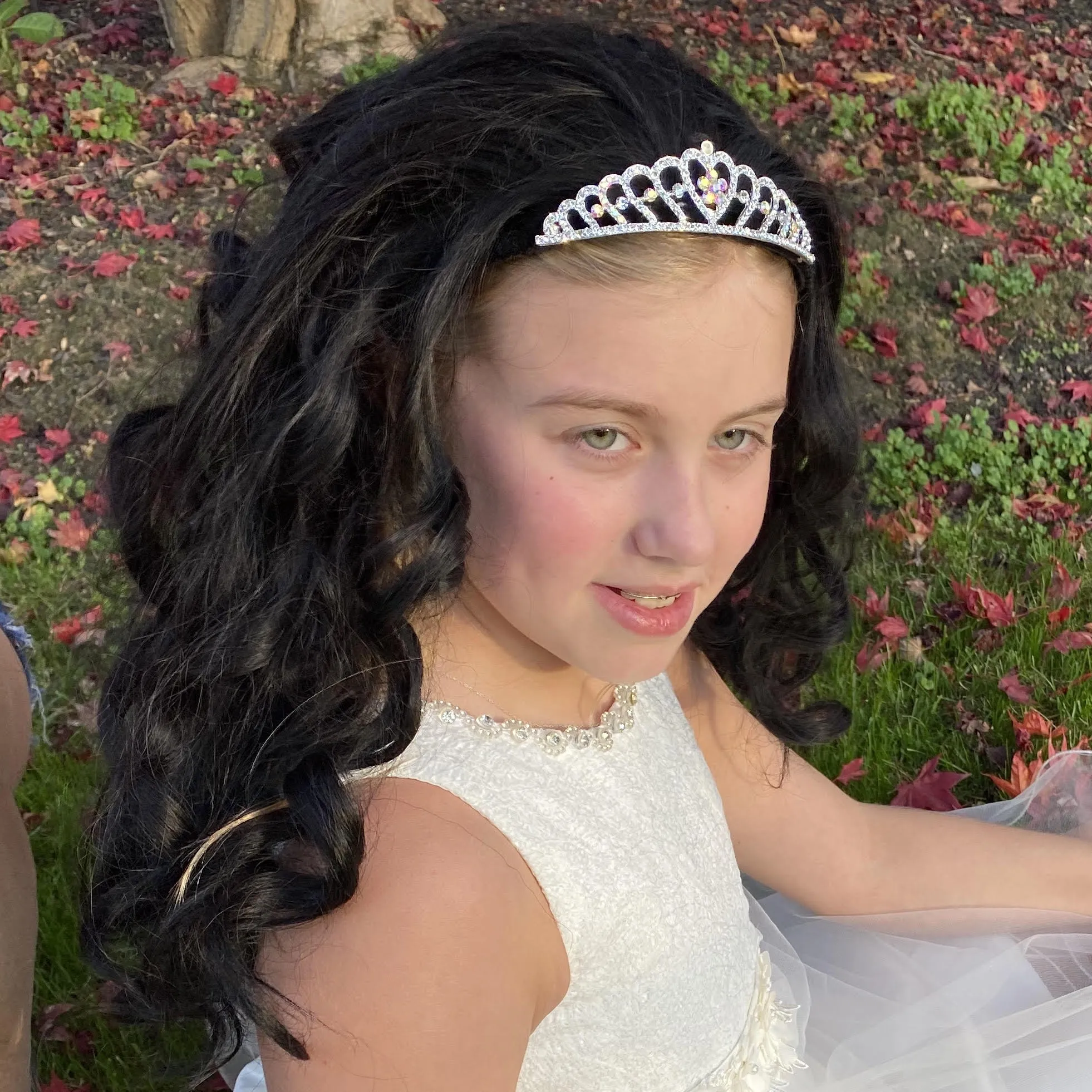 Princess Black Hair Wigs with Rhinestone Tiara Headband