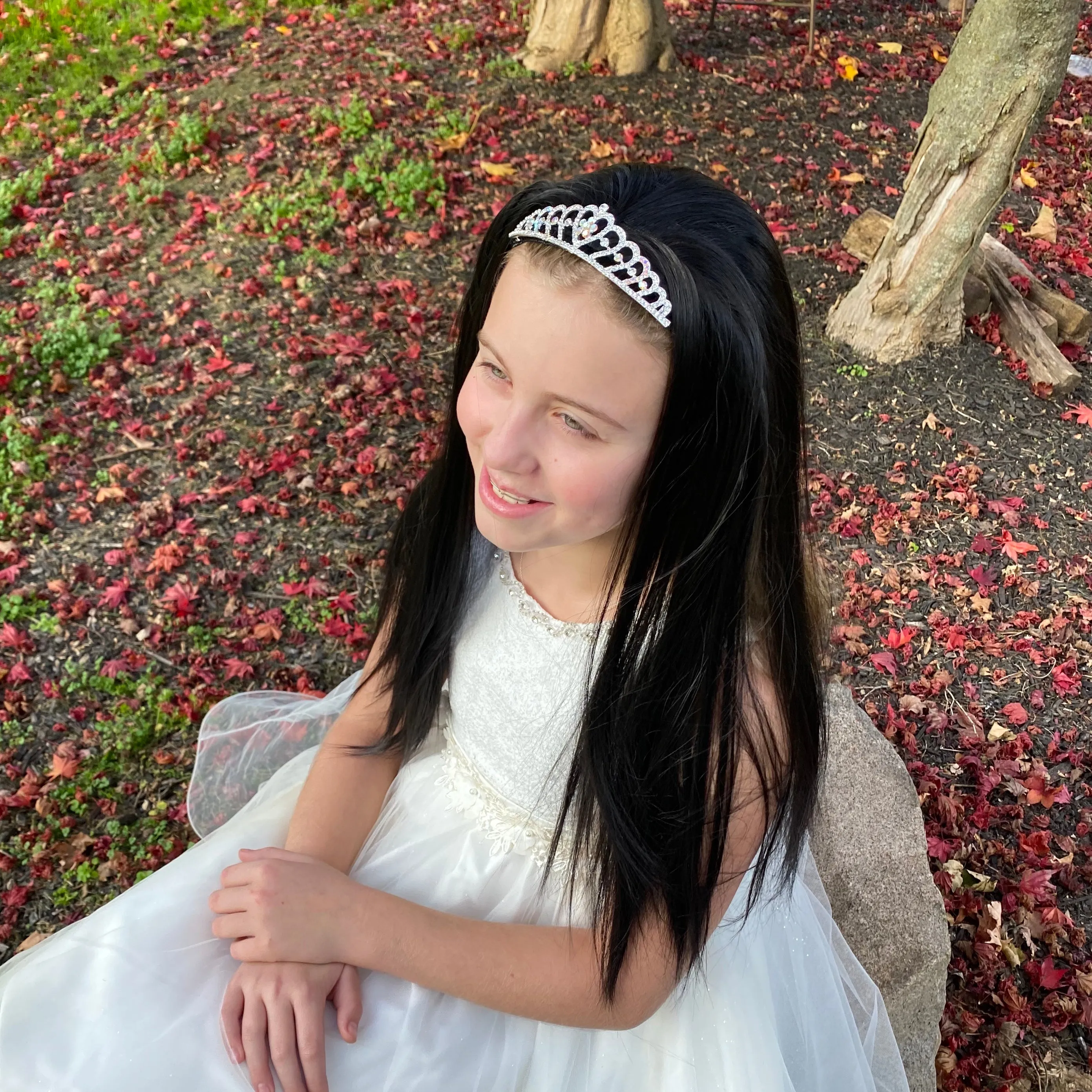 Princess Black Hair Wigs with Rhinestone Tiara Headband