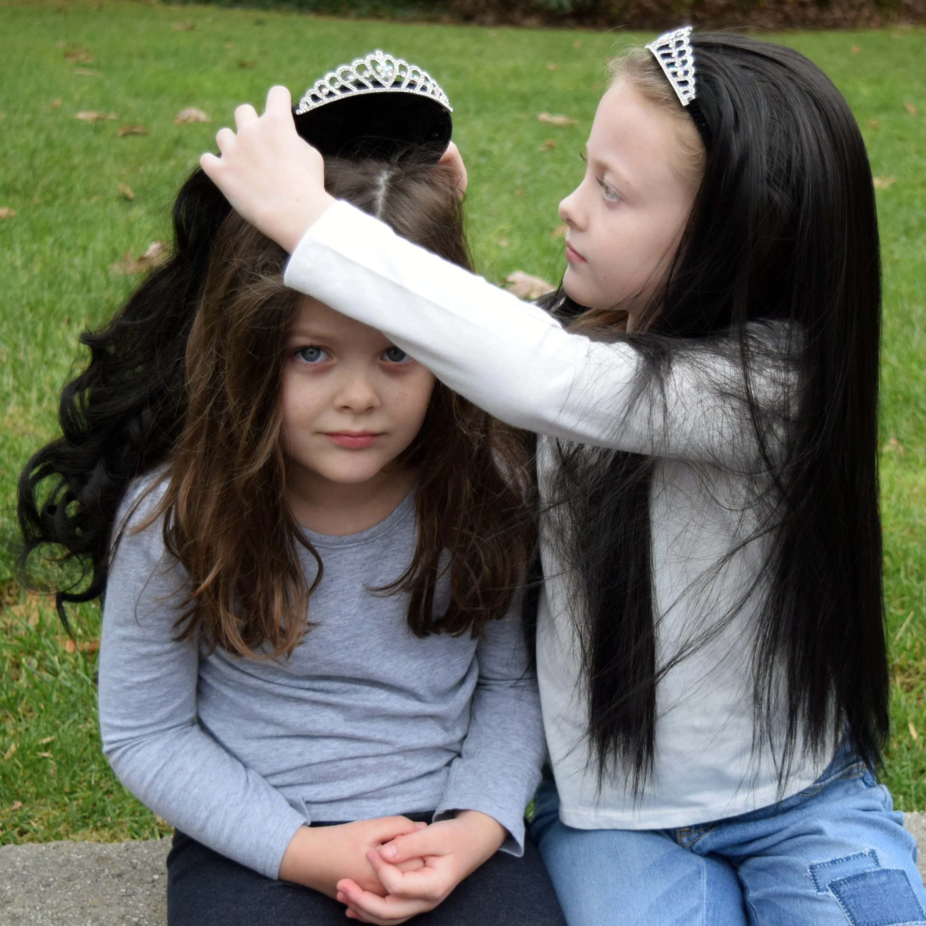 Princess Black Hair Wigs with Rhinestone Tiara Headband