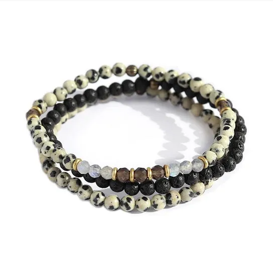 "Balance and Grounding" Dalmatian Jasper and Smoky Quartz Delicate Bracelet Stack