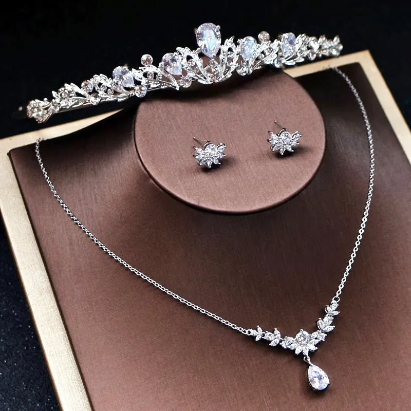 "Joelle" - Silver Cubic Zirconia 3-Piece Bridal Jewelry Set With Tiara