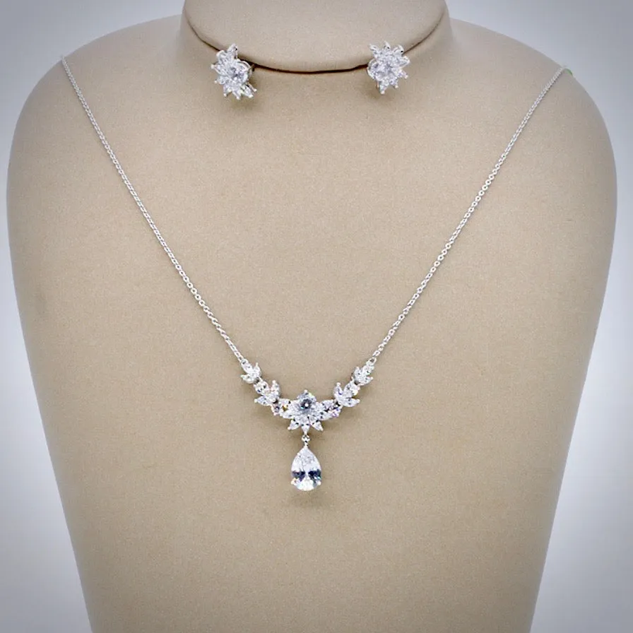 "Joelle" - Silver Cubic Zirconia 3-Piece Bridal Jewelry Set With Tiara