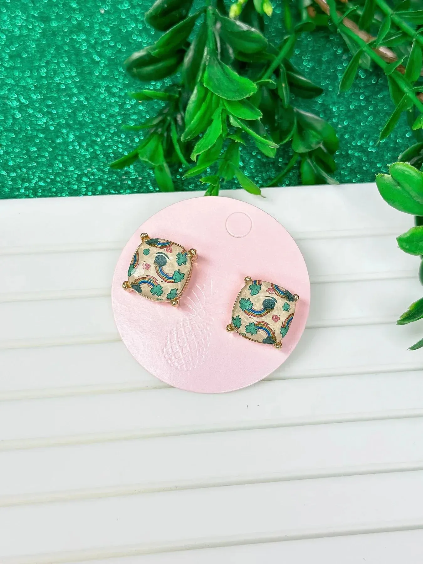 Rainbows & Gold Printed Glass Stud Earrings